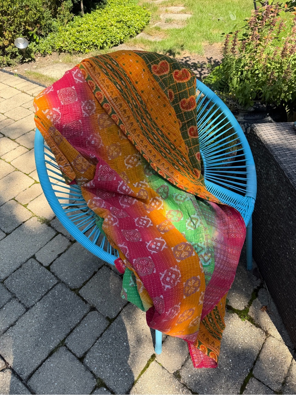 Vintage Kantha Quilt Reversible Indian Sari Blanket – Hand Stitched Colorful Ora